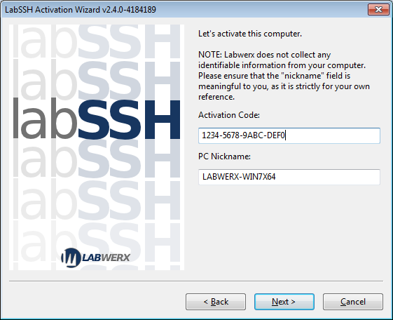 LabSSH activation wizard key entry screen