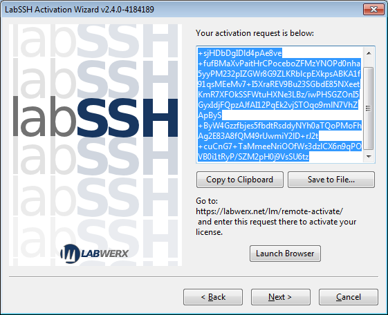 LabSSH activation wizard offline activation request generated