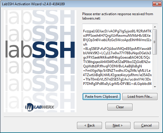 LabSSH activation wizard offline activation response entry