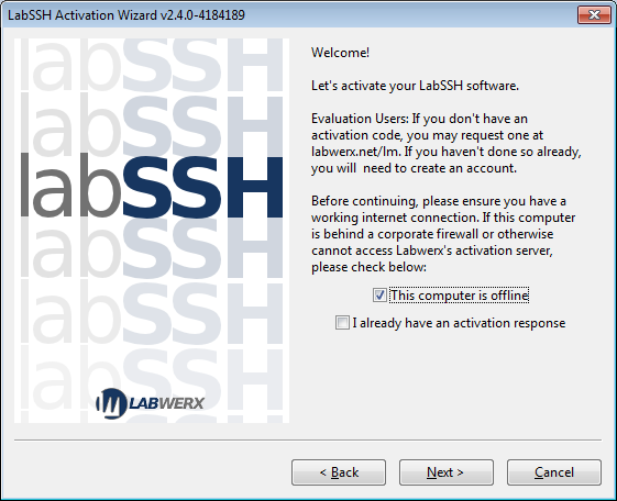 LabSSH activation wizard welcome screen offline mode