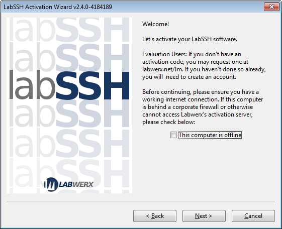 LabSSH activation wizard welcome screen