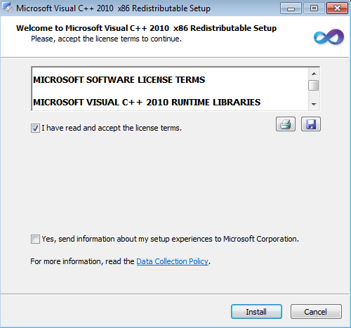MSVC redistributable install wizard license terms screen